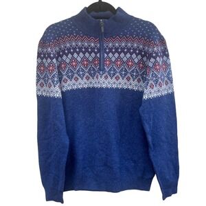 Tahari Mens 100% Cashmere Fair‎ Isle 1/4 Zip Sweater Blue Burgundy Size L